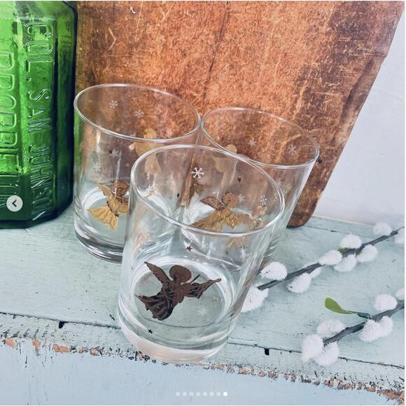 Vintage Culver MCM Lowball Glass Barware Gold Angel Cherub Snowflake SET 3 - Picture 8 of 8